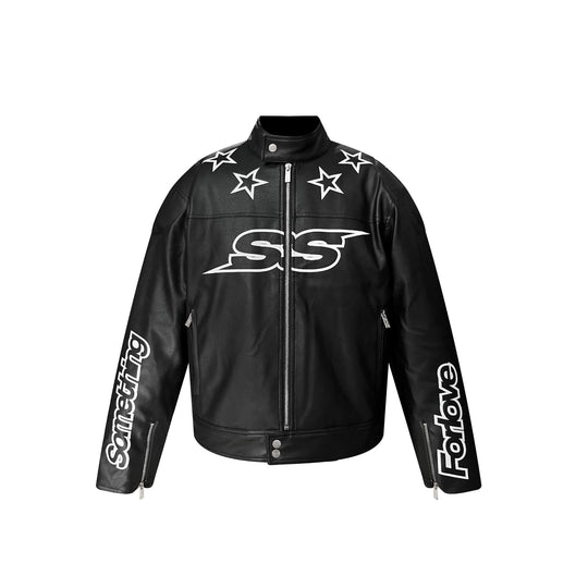 S45 Star Print PU Leather Leopard Lined Biker Jacket | Face 3 Face