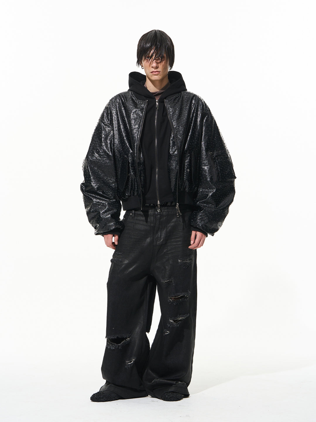 BLIND NO PLAN Ostrich Leather Faux Two-Piece Hooded Bomber Jacket | Face 3 Face