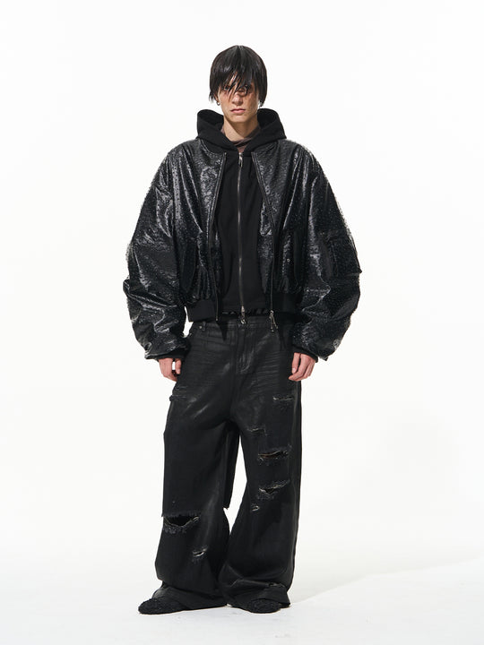 BLIND NO PLAN Ostrich Leather Faux Two-Piece Hooded Bomber Jacket | Face 3 Face