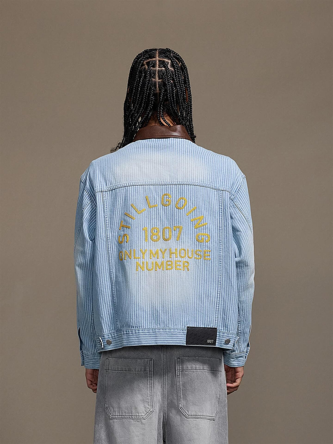 1807 Chain Stitch Embroidered Striped Washed Denim Jacket | Face 3 Face