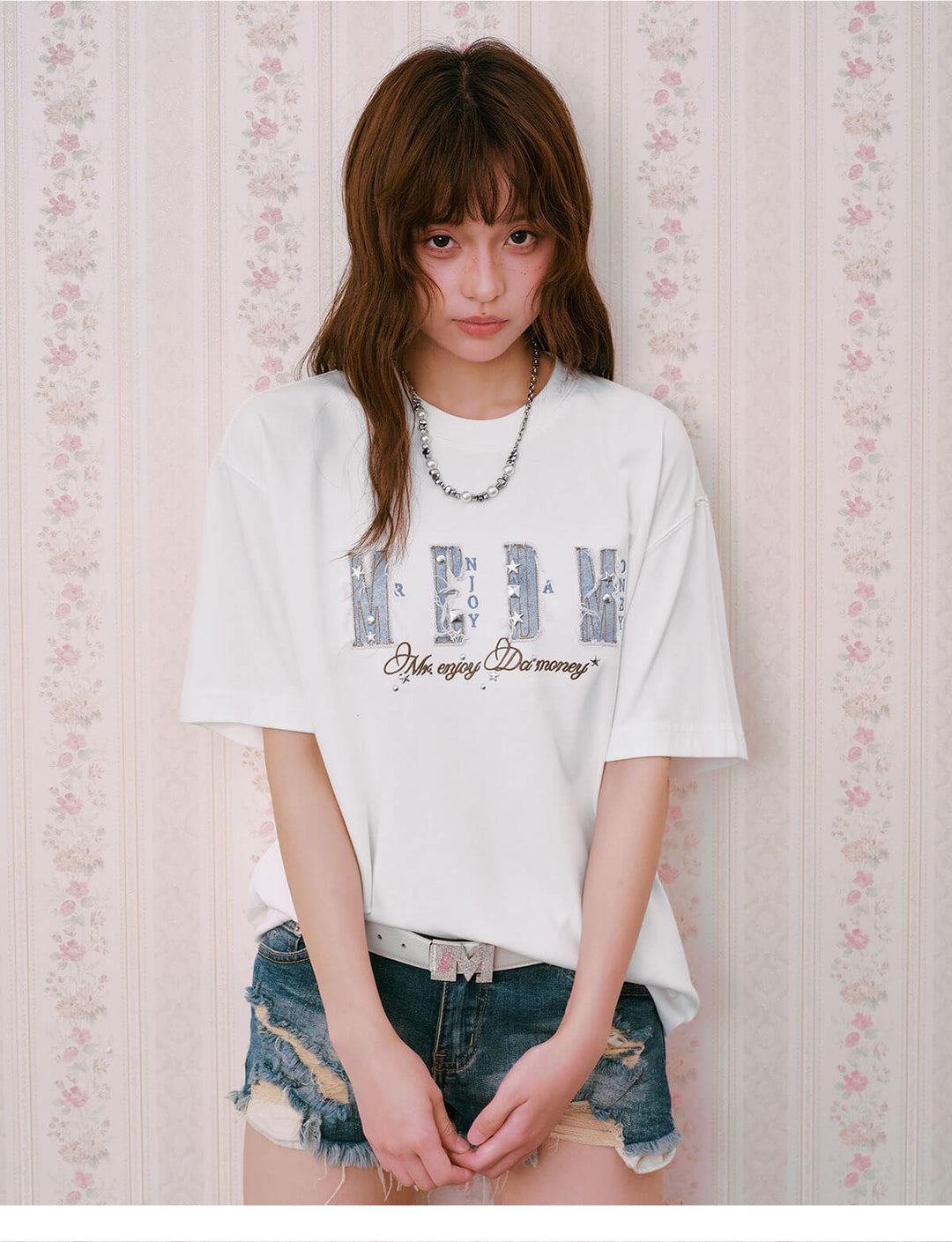 MEDM Distressed Denim Logo Patch Studded Short Sleeve Tee | Face 3 Face