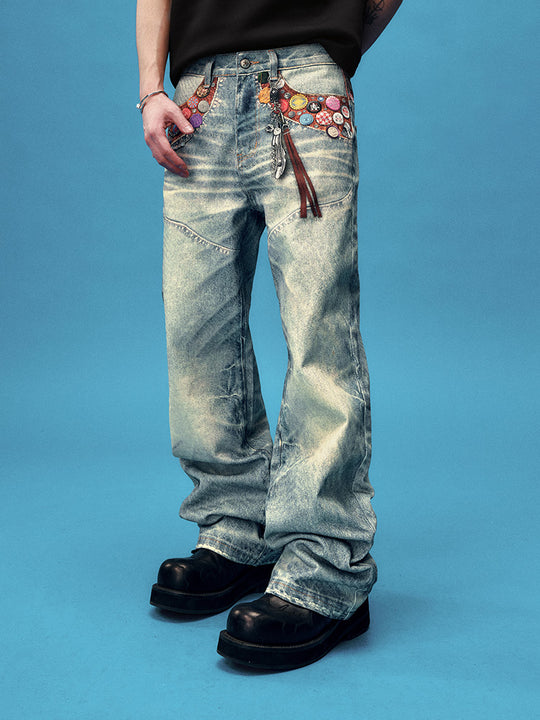 YADcrew Bottle Cap Badge Print Jeans | Face 3 Face