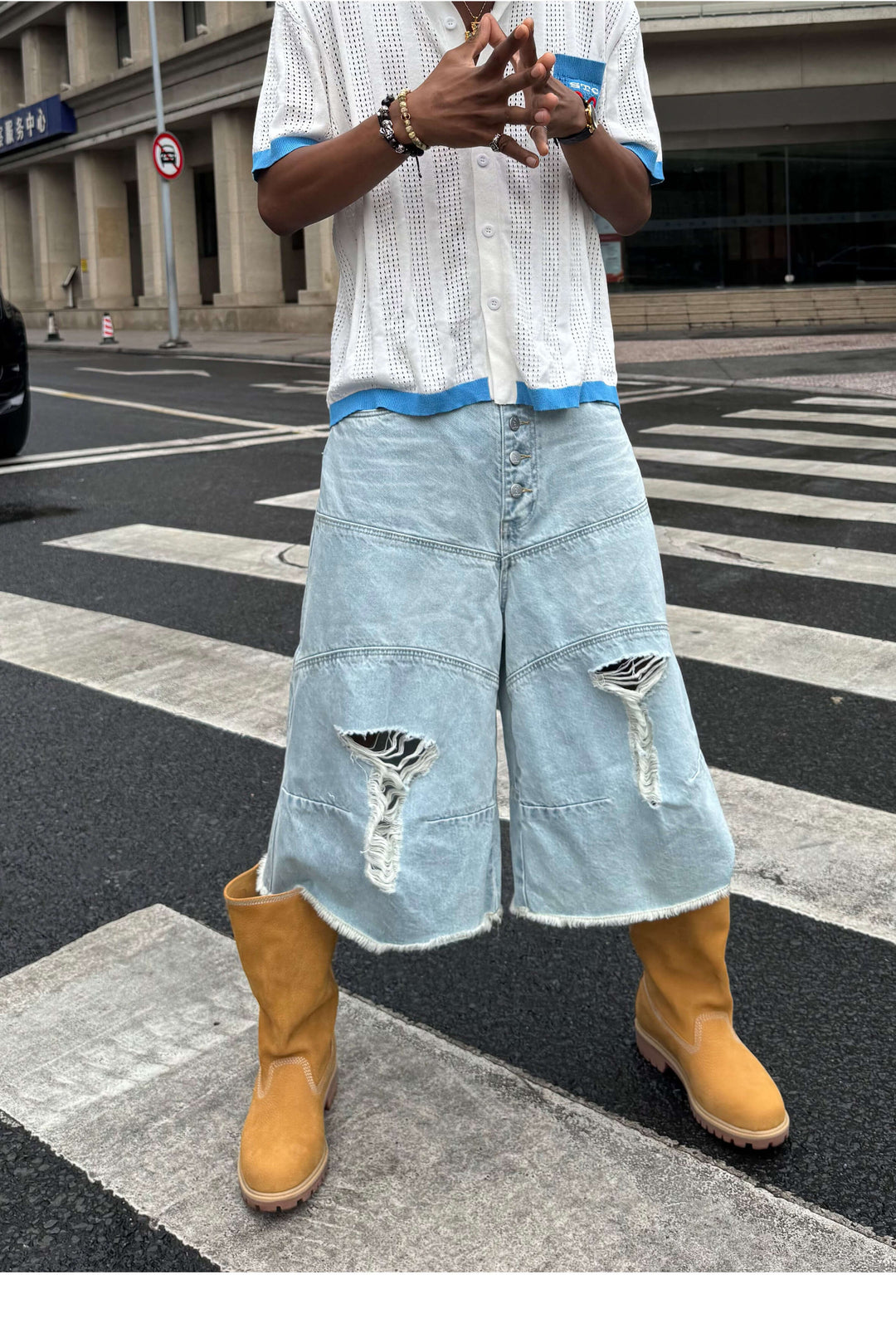 STEEPC Washed Distressed Button Fly Cutoff Baggy Denim Shorts | Face 3 Face