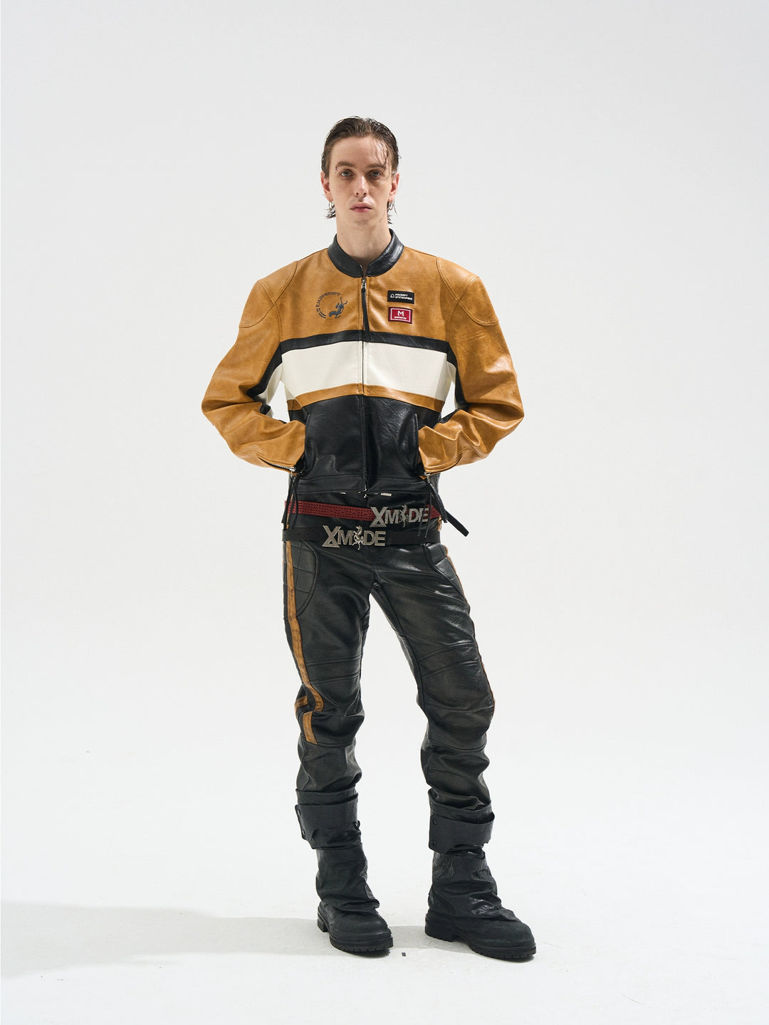 BLIND NO PLAN Color Block Short Racing Leather Jacket | Face 3 Face