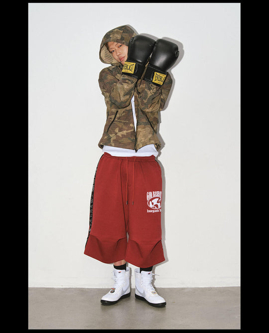 NOVACAM Flocked Print 3D Side Stripe Baggy Sweat Shorts | Face 3 Face