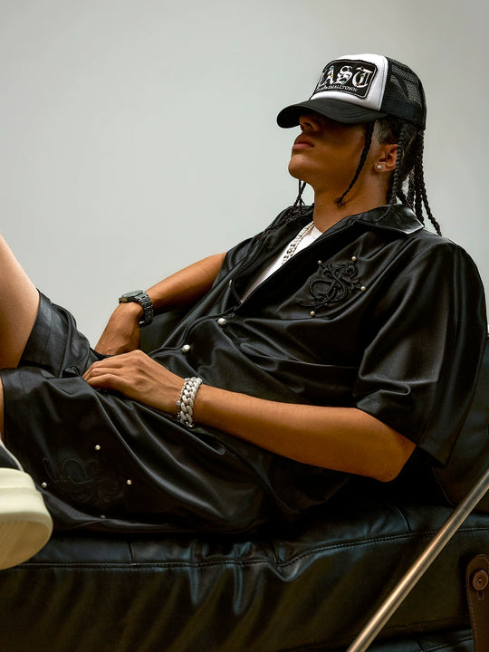 Small Town Kid 3D Cross Embroidered Satin Cuban Shirt Set | Face 3 Face