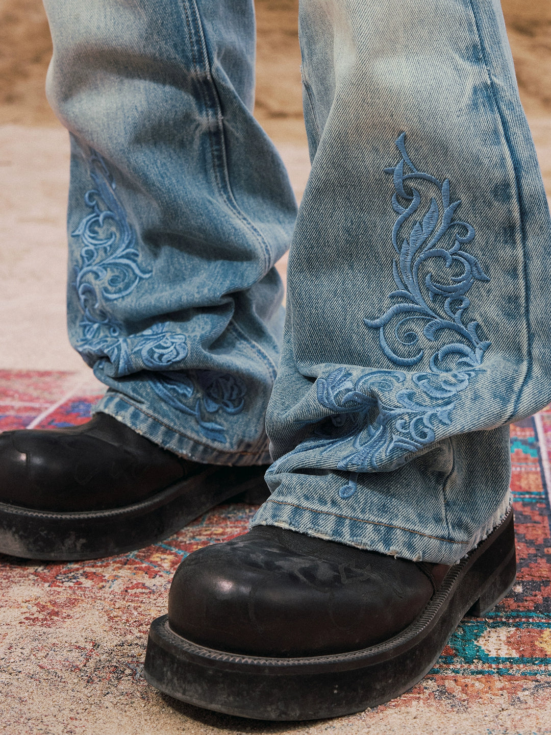 YADcrew Snap Button 3D Embroidery Washed Jeans | Face 3 Face