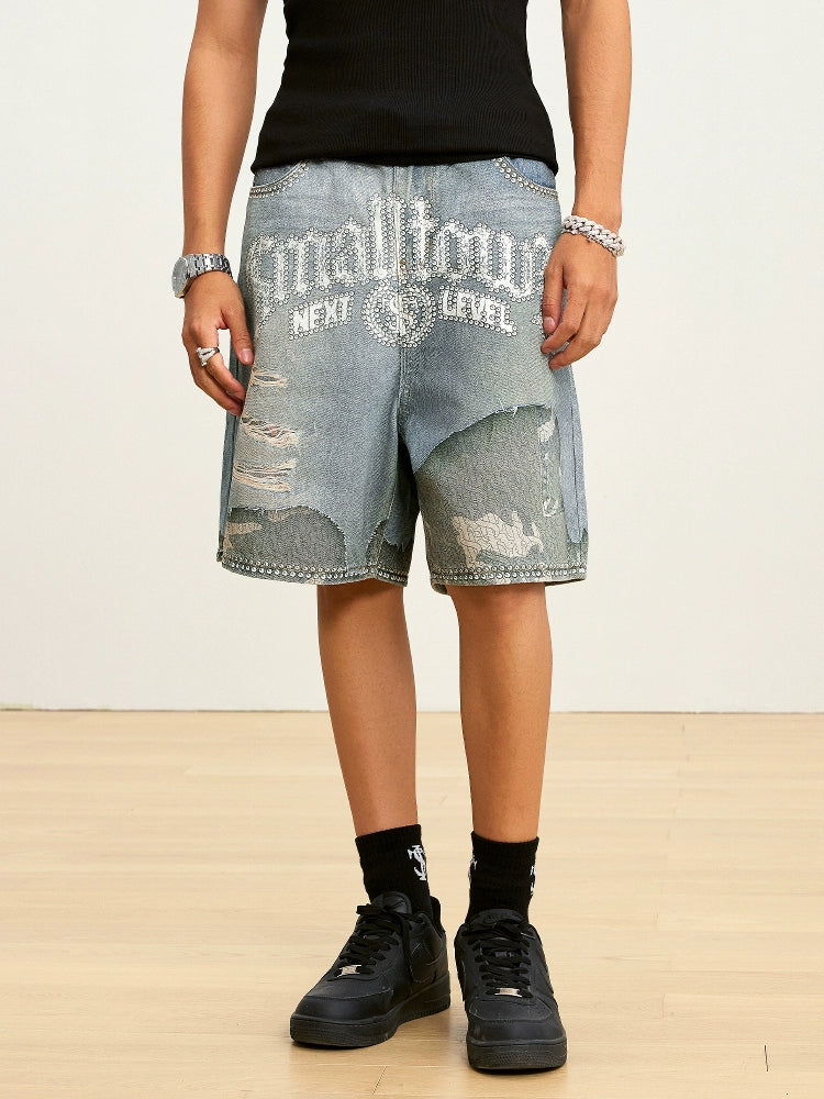 Small Town Kid Rhinestone Destroyed Print Denim Shorts | Face 3 Face