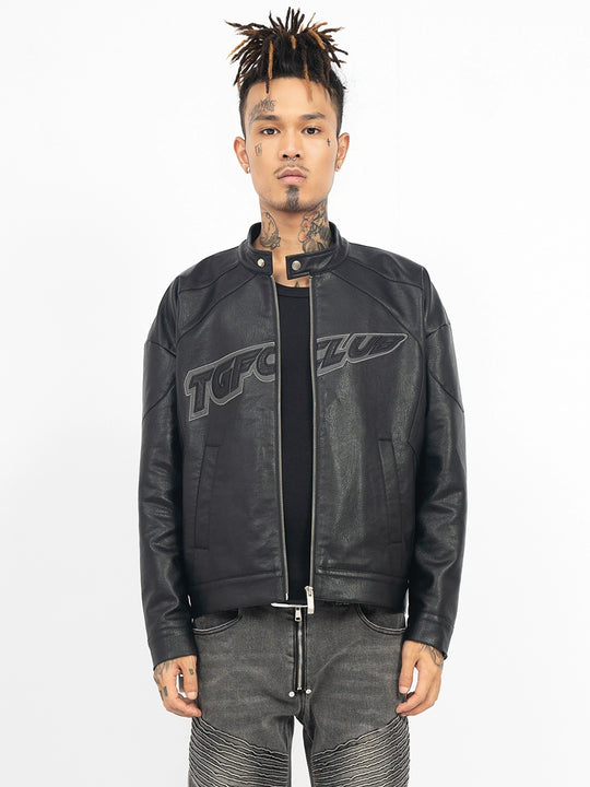 TGFCLUB Logo Embroidered Racing Leather Jacket | Face 3 Face