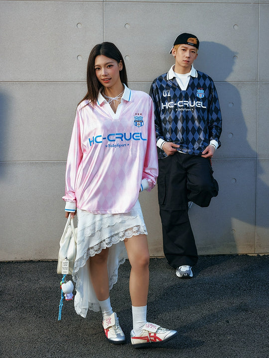 Harsh and Cruel Badge Embroidered Plaid Long Sleeve Polo Jersey | Face 3 Face