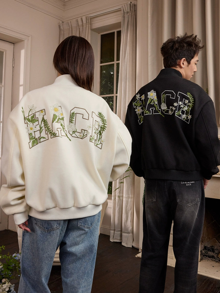 Harsh and Cruel Floral Script Embroidery Varsity Jacket | Face 3 Face