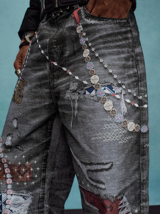 YADcrew x MEDM 3D Cloth Patch Chain Distressed Digital Print Jeans | Face 3 Face