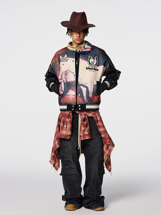 Achock Western Cowboy Full Print PU Leather Varsity Jacket | Face 3 Face