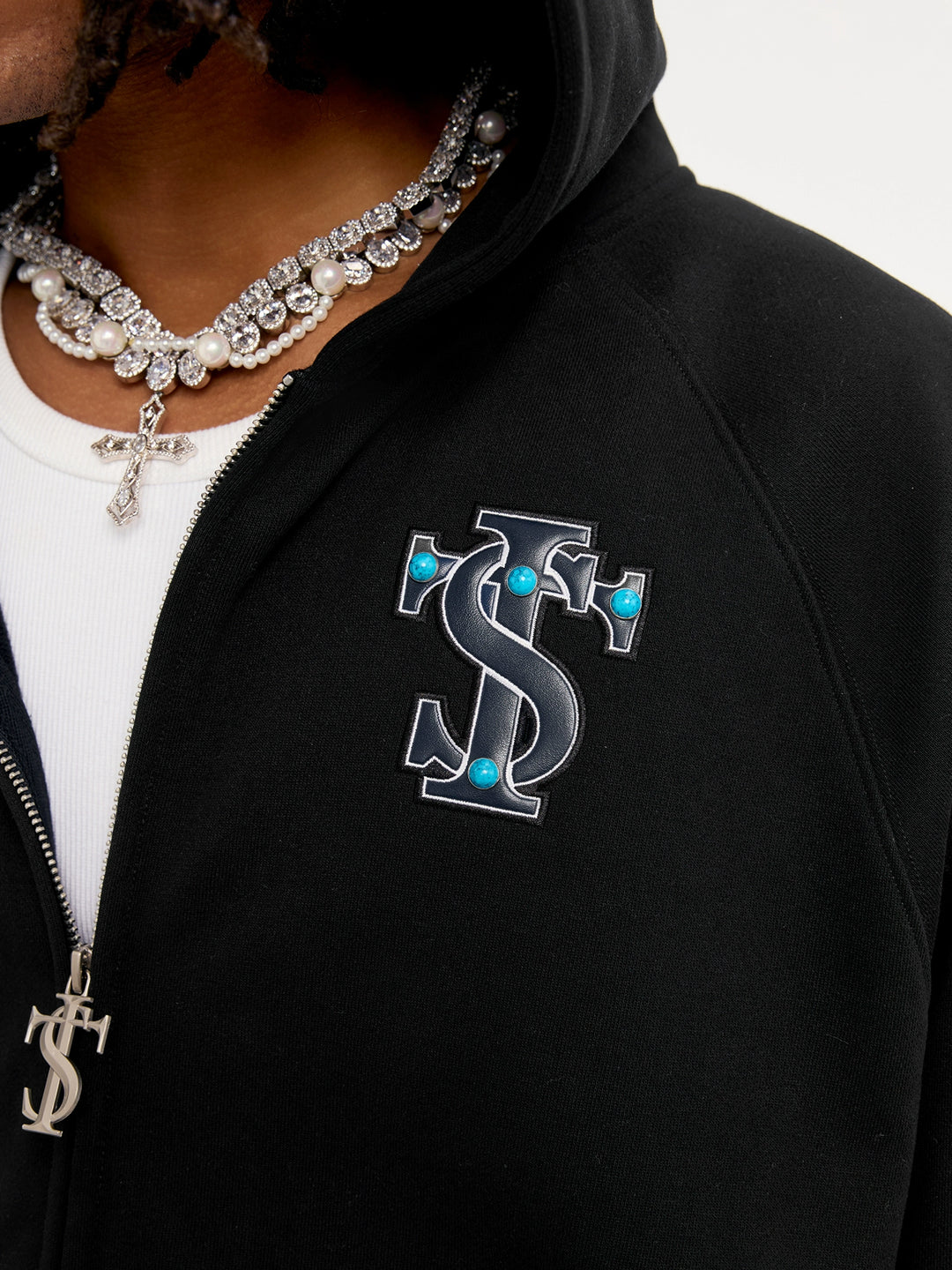 Small Town Kid Turquoise Studded Badge Embroidered Zip-Up Hoodie | Face 3 Face