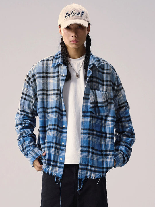 Remedy Washed Gradient Plaid Cutoff Long Sleeve Shirt | Face 3 Face
