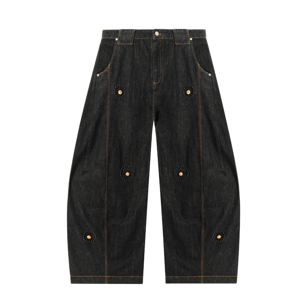 JHYQ Black Beaded Studded Curved Seam Machete Jeans | Face 3 Face