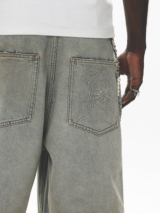 UNTILWERICH Spiderweb Embroidered Washed Distressed Denim Shorts | Face 3 Face