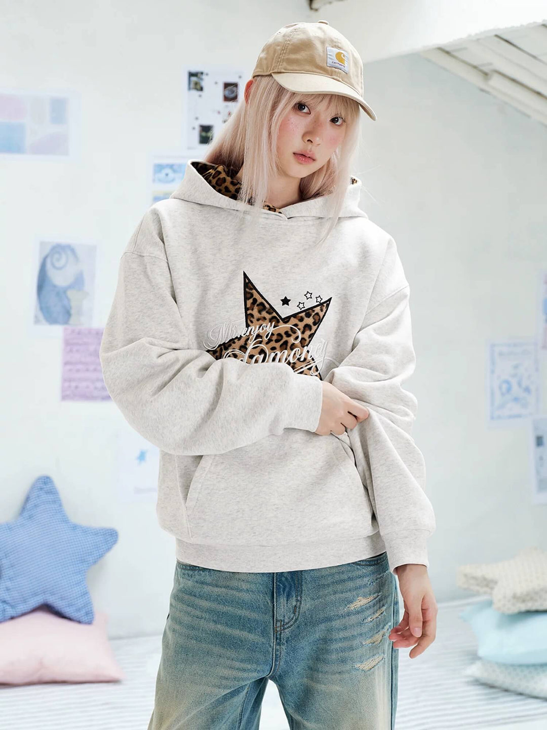 MEDM Leopard Hood Lining Star Patch Logo Hoodie