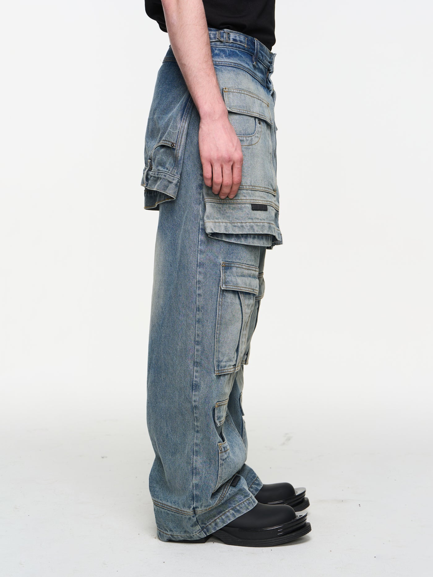 BLIND NO PLAN Multi Layer Fake Two Piece Washed Ice Blue Work Cargo Jeans | Face 3 Face