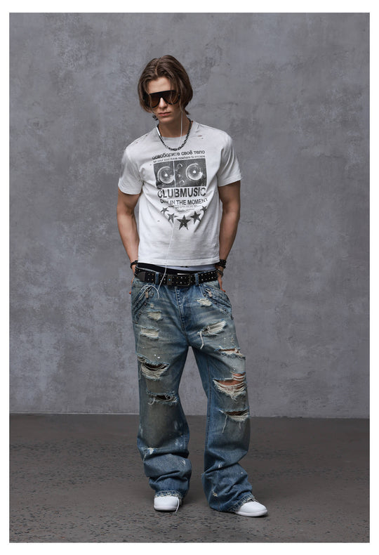 ANTIDOTE Audio Amplifier Graphic Print Distressed Short Sleeve Tee