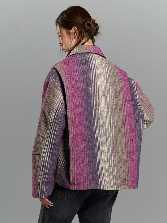 YADcrew Gradient Pleated Striped Shirt Jacket