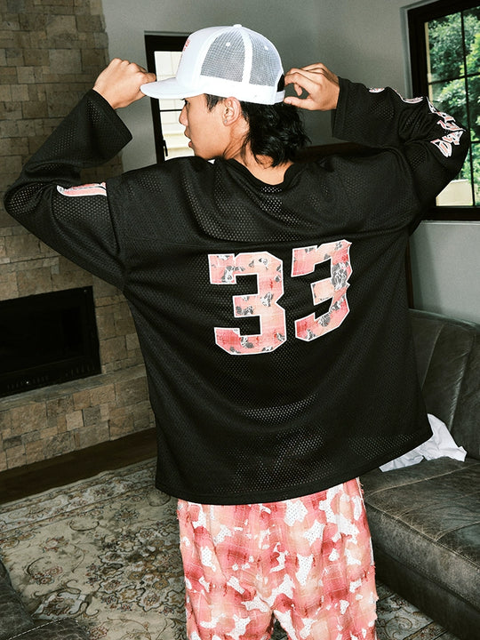 JUST VIBE Lace Patch Embroidered Mesh Hockey Jersey | Face 3 Face