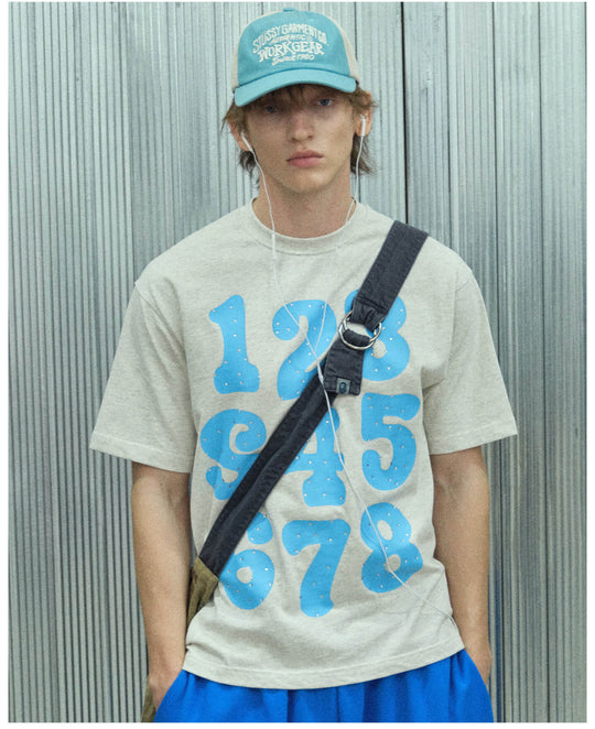 S45 Number Print Rhinestone Short Sleeve Tee | Face 3 Face