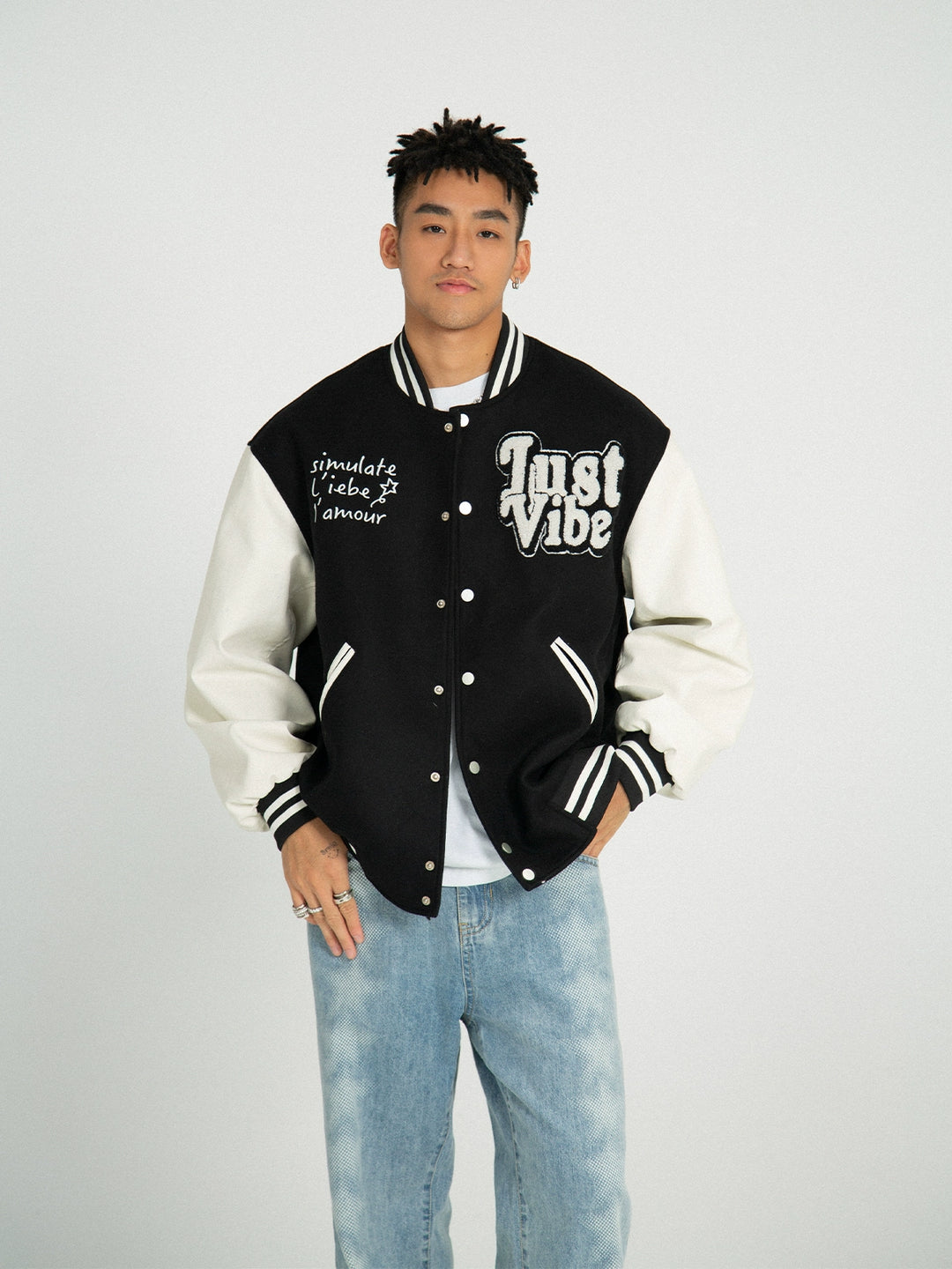JUST VIBE Terry Embroidered Bone Logo Varsity Jacket | Face 3 Face