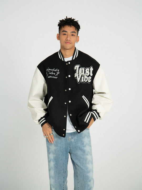 JUST VIBE Terry Embroidered Bone Logo Varsity Jacket | Face 3 Face