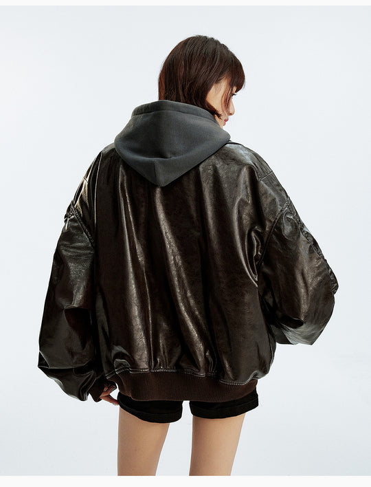 MEDM Layered Hood PU Leather Bomber Jacket | Face 3 Face
