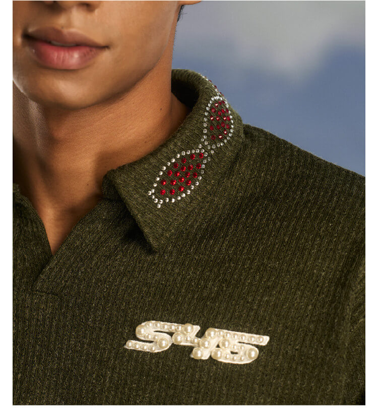 S45 Pearl and Rhinestone Long Sleeve Polo | Face 3 Face