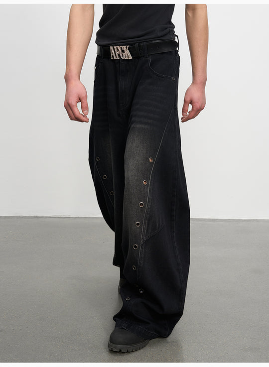 AFGK Metal Grommet Patchwork Washed Baggy Jeans | Face 3 Face