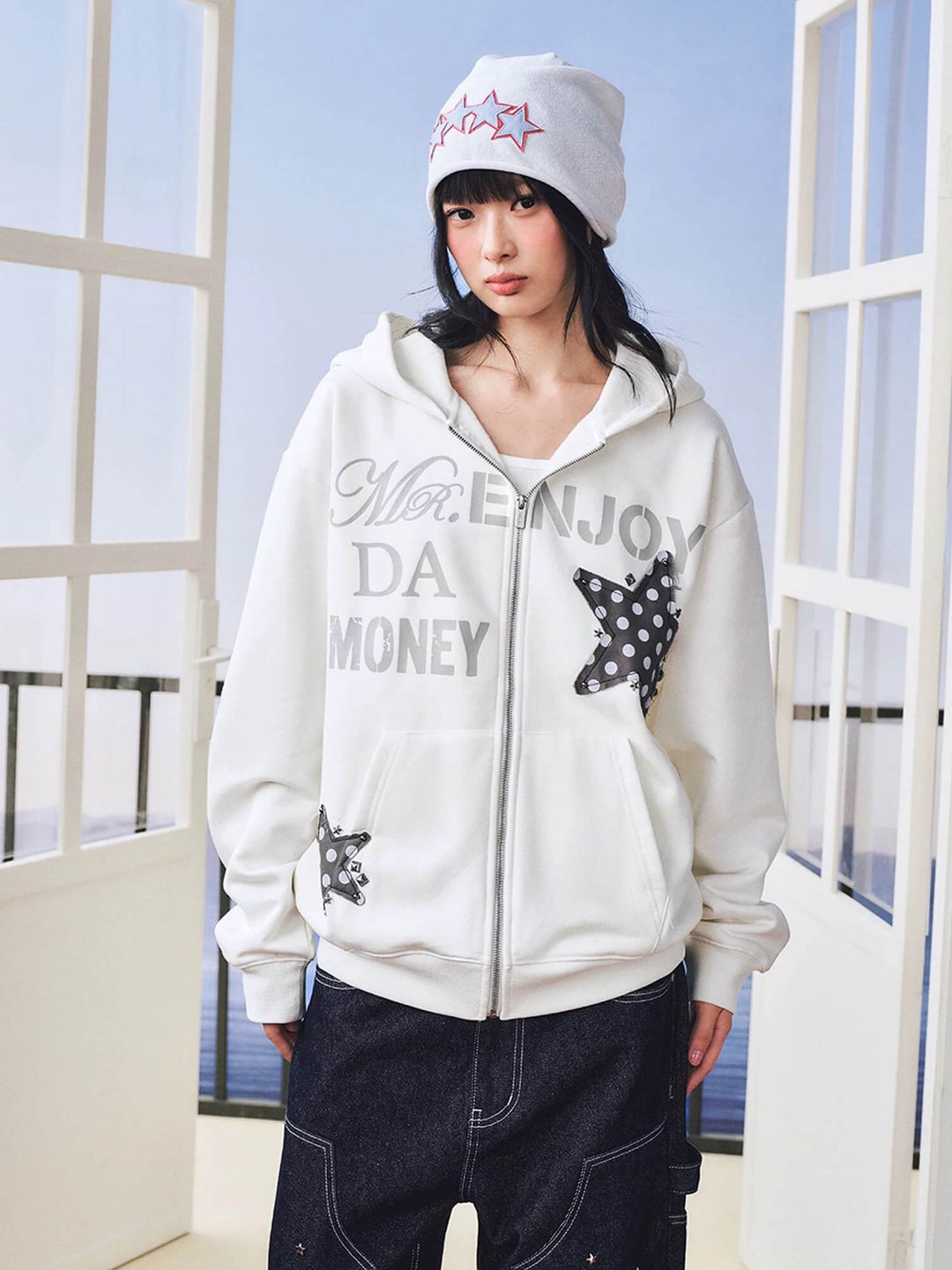 MEDM Dot Pattern Star Patch Studded Zip Up Hoodie | Face 3 Face