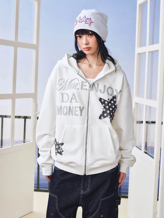 MEDM Dot Pattern Star Patch Studded Zip Up Hoodie | Face 3 Face