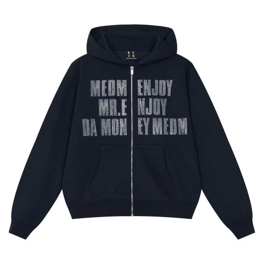 MEDM Rhinestone Embellished Zip Up Hoodie | Face 3 Face