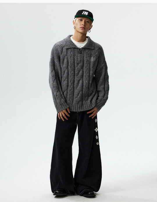 MEDM Cable Knit Half Zip Polo Sweater | Face 3 Face