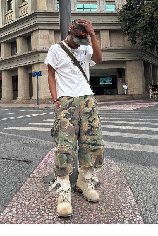 STEEPC M-65 Pearl Embellished Camouflage Baggy Cargo Shorts | Face 3 Face
