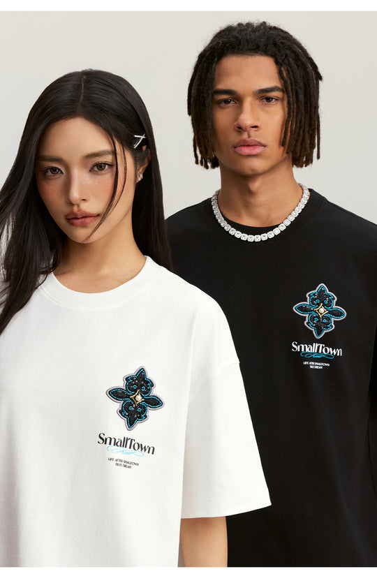 Small Town Kid Cross Pearl Sequin Beaded Embroidery Tee | Face 3 Face