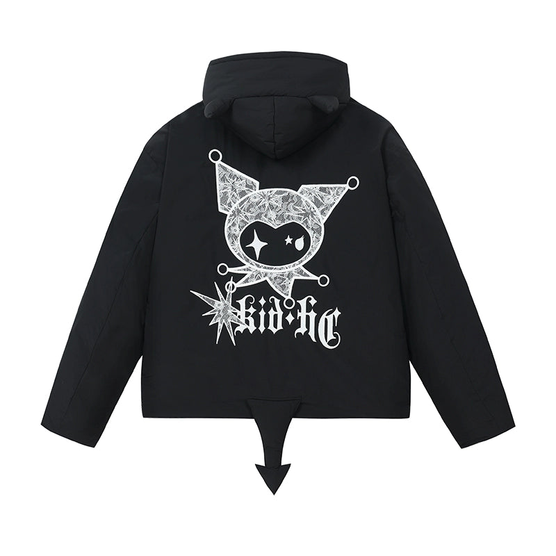 Harsh and Cruel Devil Lace Patch Embroidery Hooded Puffer Jacket | Face 3 Face