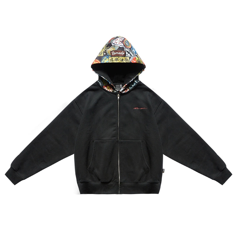 Remedy Badge Print Hood Zip Up Hoodie | Face 3 Face