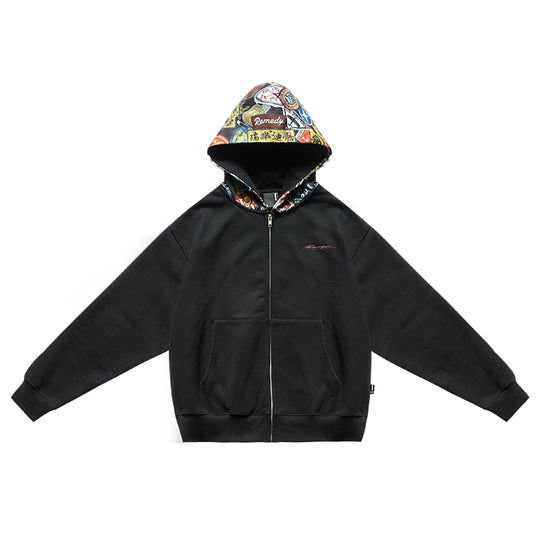 Remedy Badge Print Hood Zip Up Hoodie | Face 3 Face