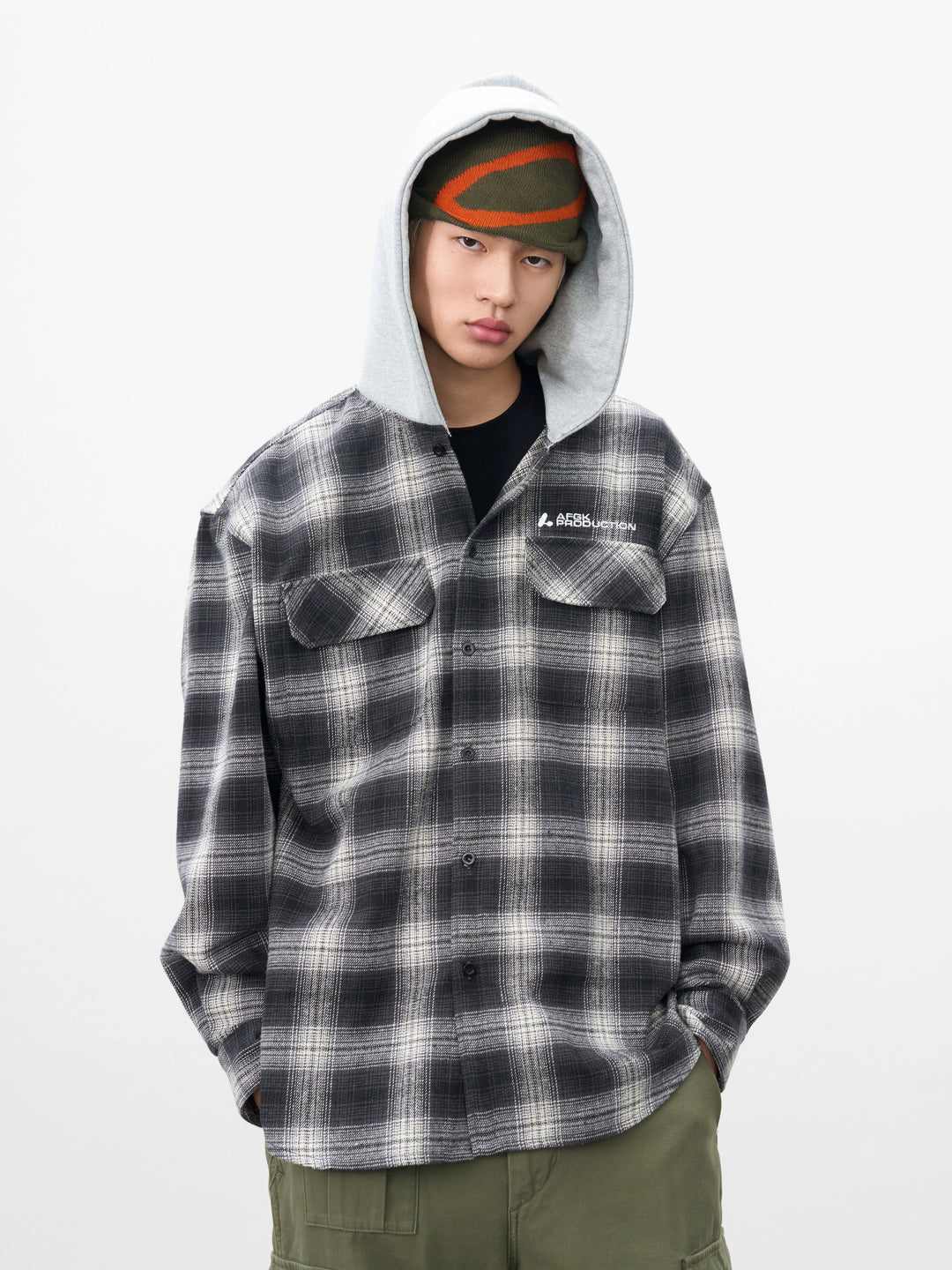 AFGK Plaid Embroidered Hooded Long Sleeve Shirt | Face 3 Face