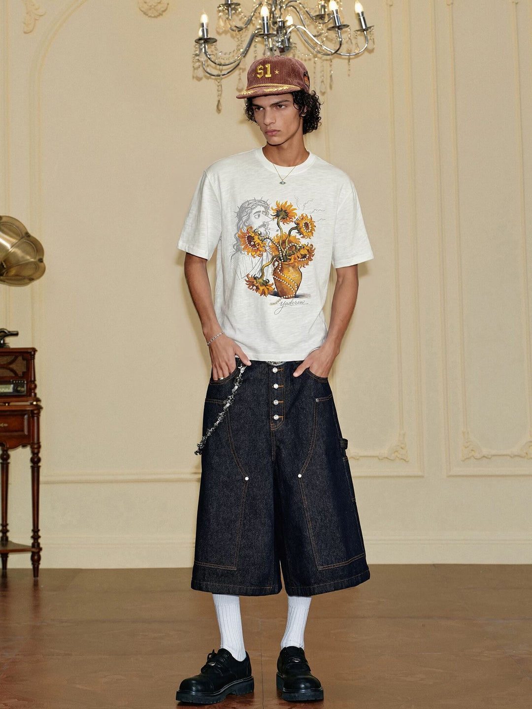 YADcrew Sunflower Jesus Print Pearl Embellished Tee | Face 3 Face