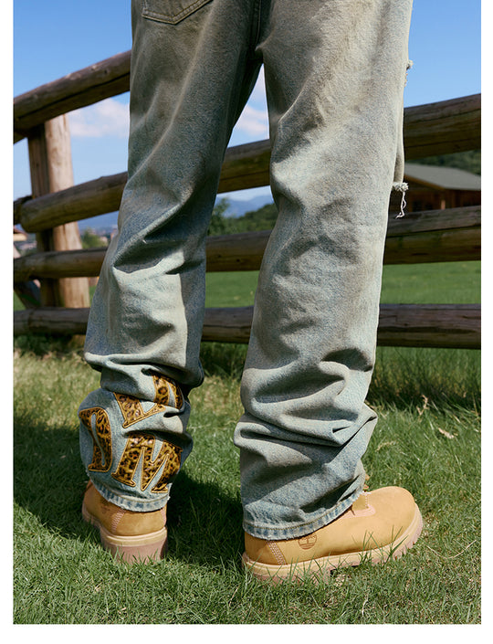 MEDM Leather Patchwork Washed Ripped Jeans | Face 3 Face