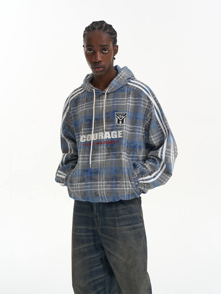 EXITMODE BY BLIND NO PLAN Checkered Embroidered Patch Stripe Sleeve Oversized Hoodie | Face 3 Face