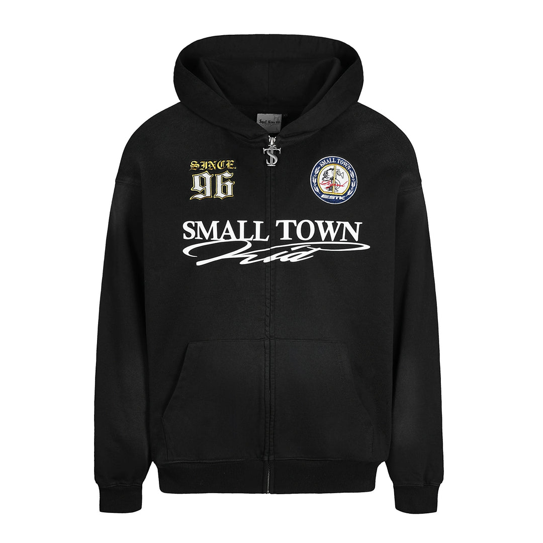 Small Town Kid Washed Badge Letter Printed Zip-Up Hoodie | Face 3 Face
