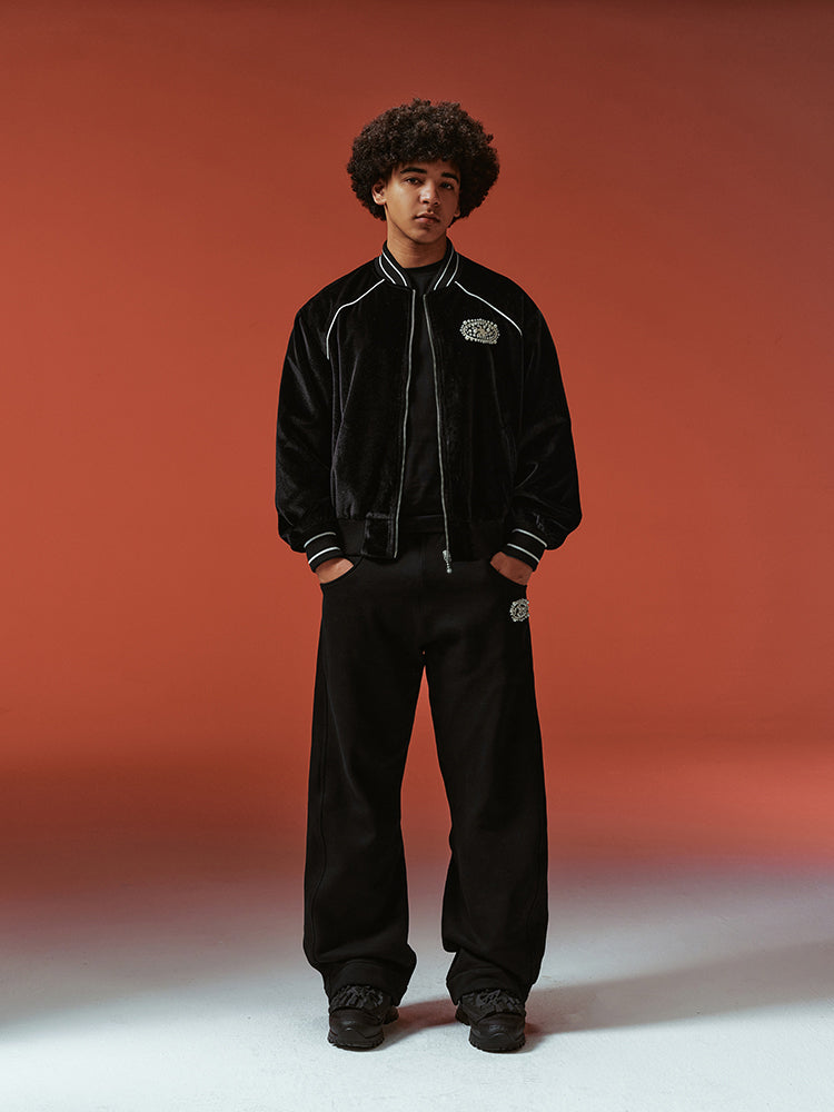 YADcrew Black Velvet Pearl-Embroidered Bomber Jacket | Face 3 Face