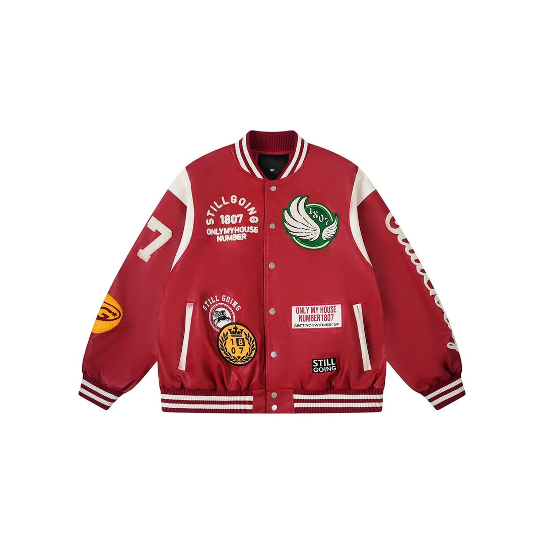 1807 PU Leather Patchwork Varsity Jacket | Face 3 Face