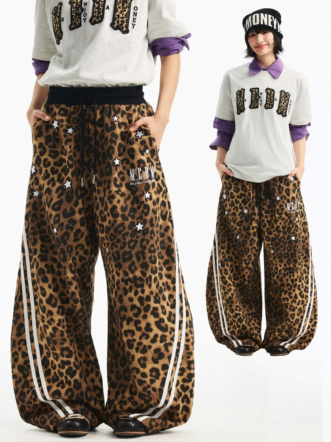 MEDM Leopard Print Star Embroidered Baggy Sweatpants | Face 3 Face