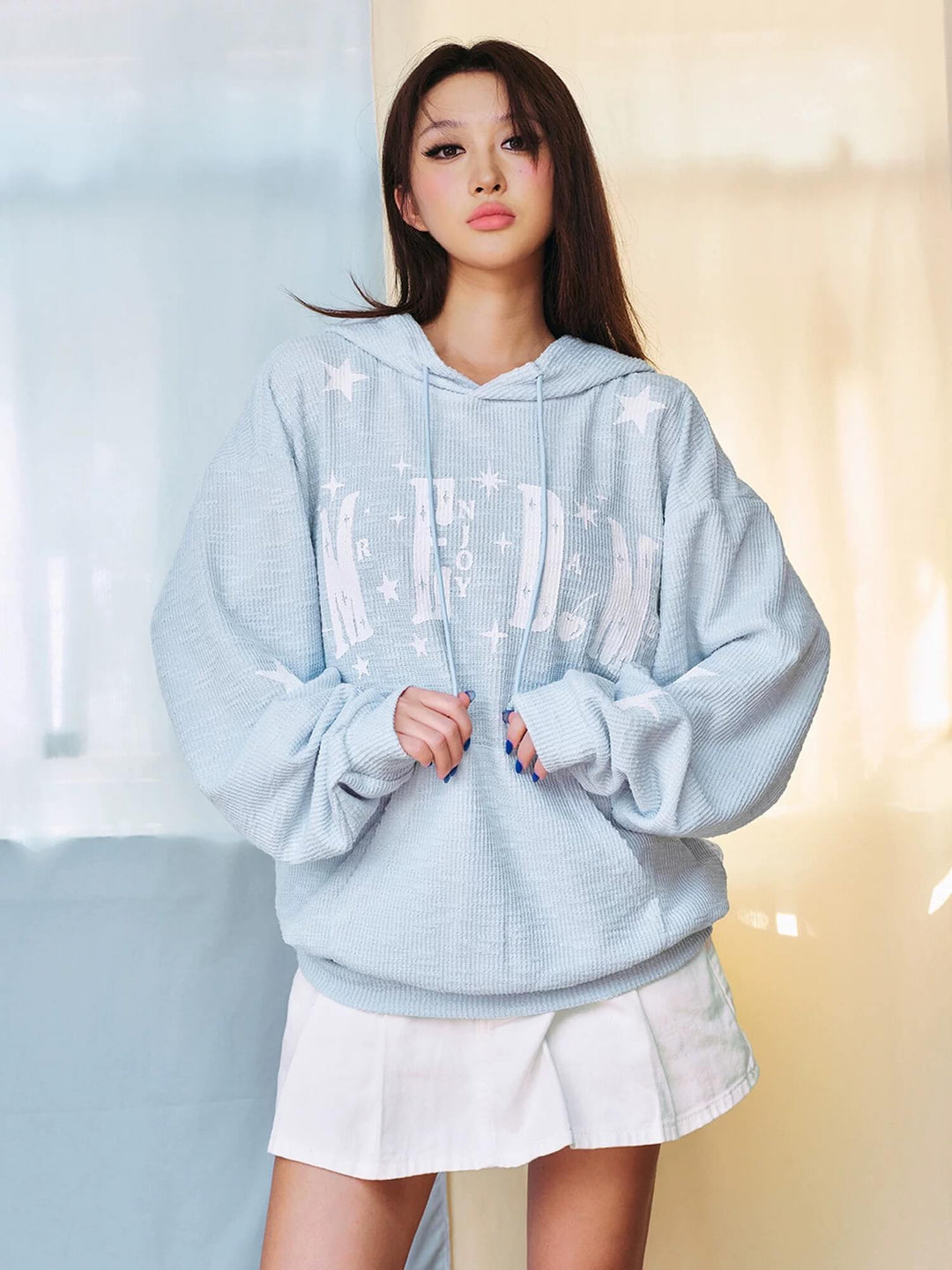 MEDM Star Logo Print Waffle Knit Hoodie | Face 3 Face